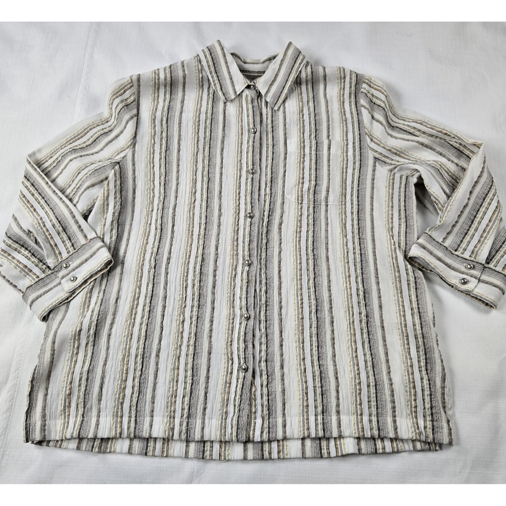 Croft and Barrow Stretch Women's Silver Button Blouse Vertical Stripe Pattern XL